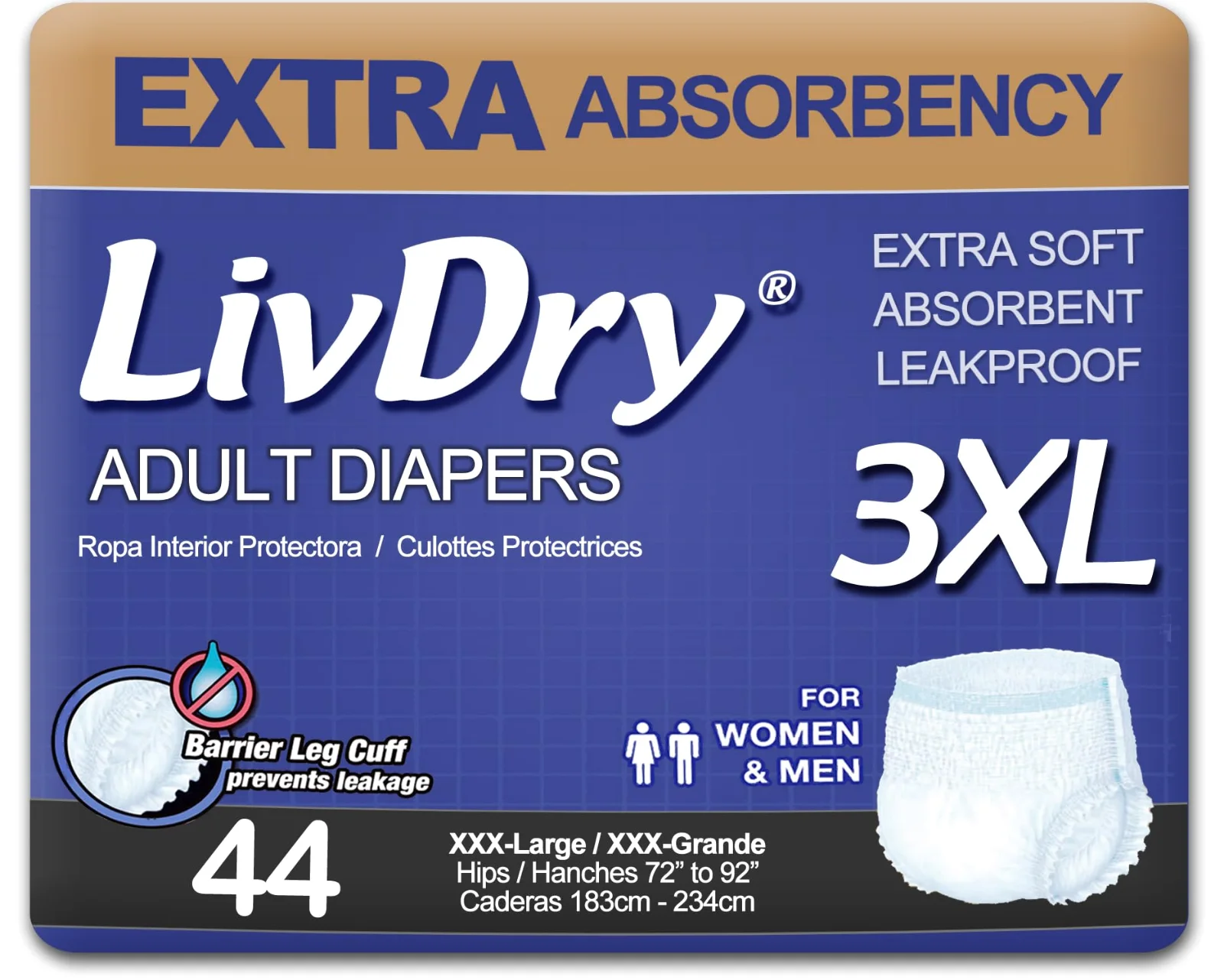 A pack of Extra Absorbency pull-ups in size 3XL: the pack prints the same 72 to 92 inch range for the hips.
