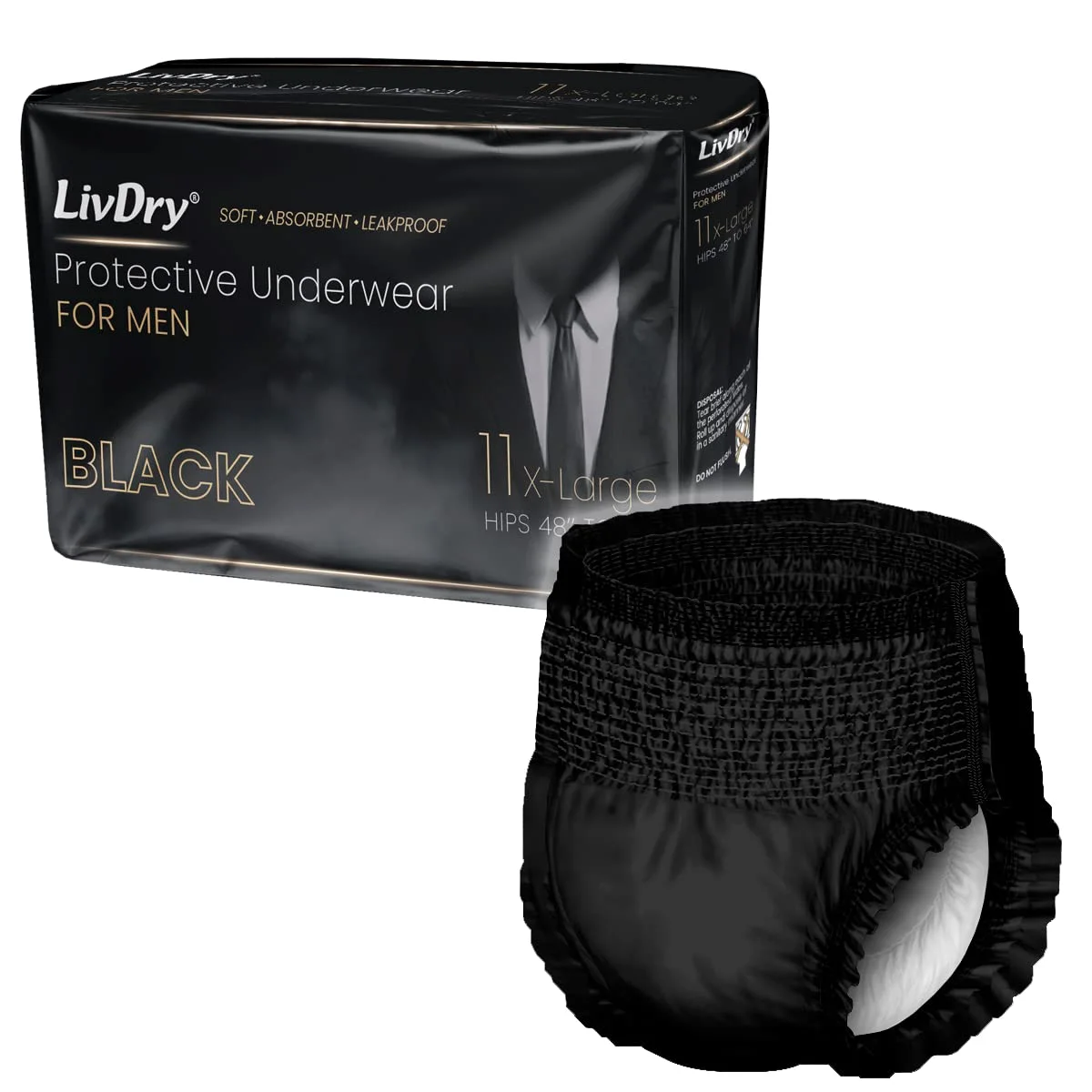 Our black pull-up for men next to its pack. Leaks are not only a women's matter.