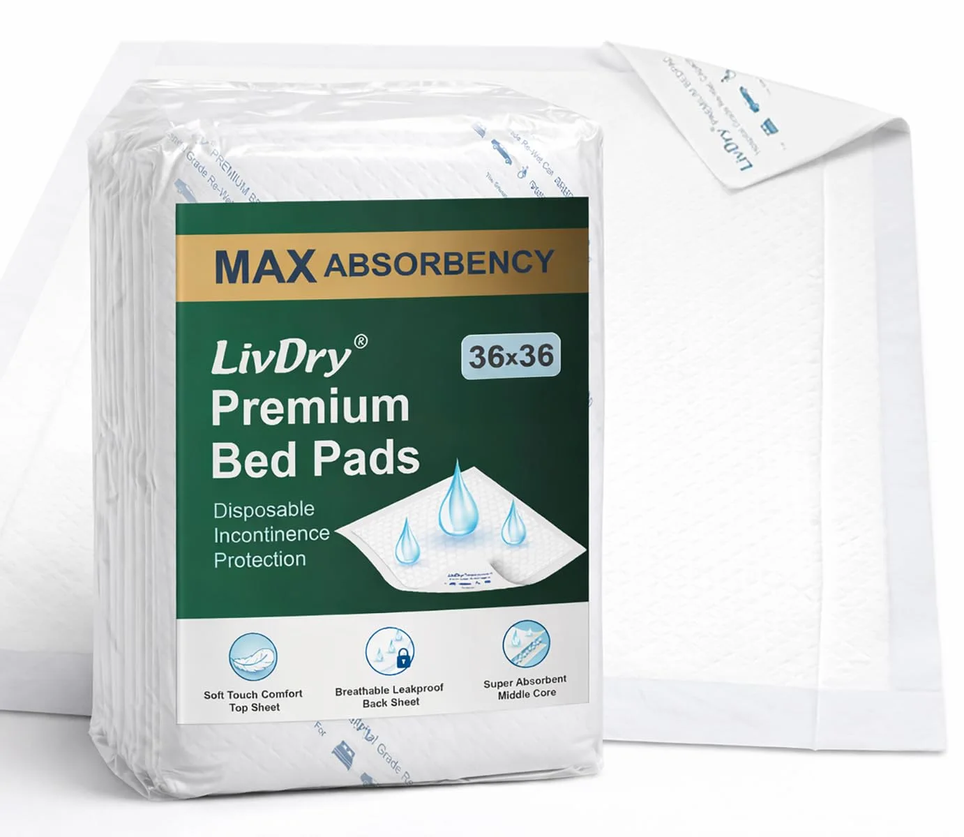 A pack of LivDry Disposable Bed Pads, 36 by 36 inches.