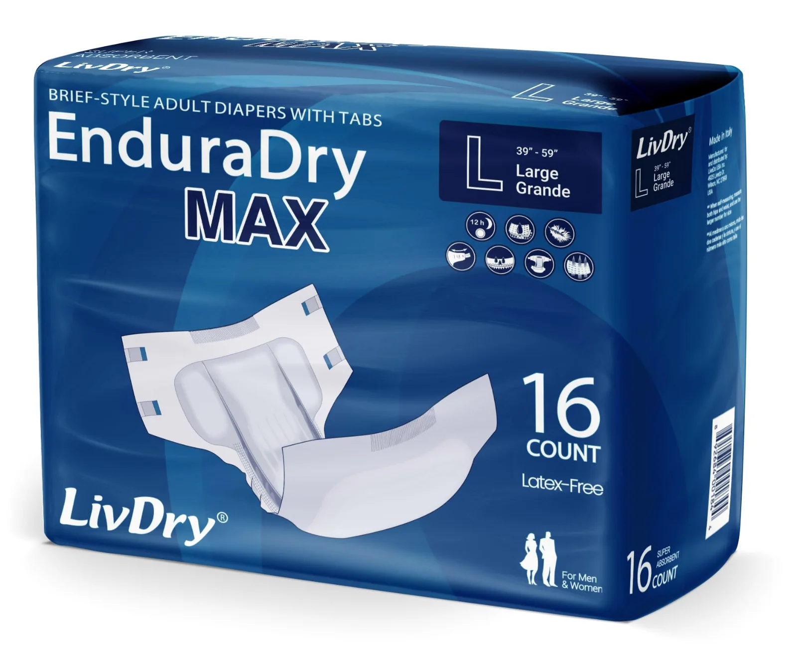 A pack of LivDry EnduraDry Max briefs in size L, with an open brief showing its side tabs.